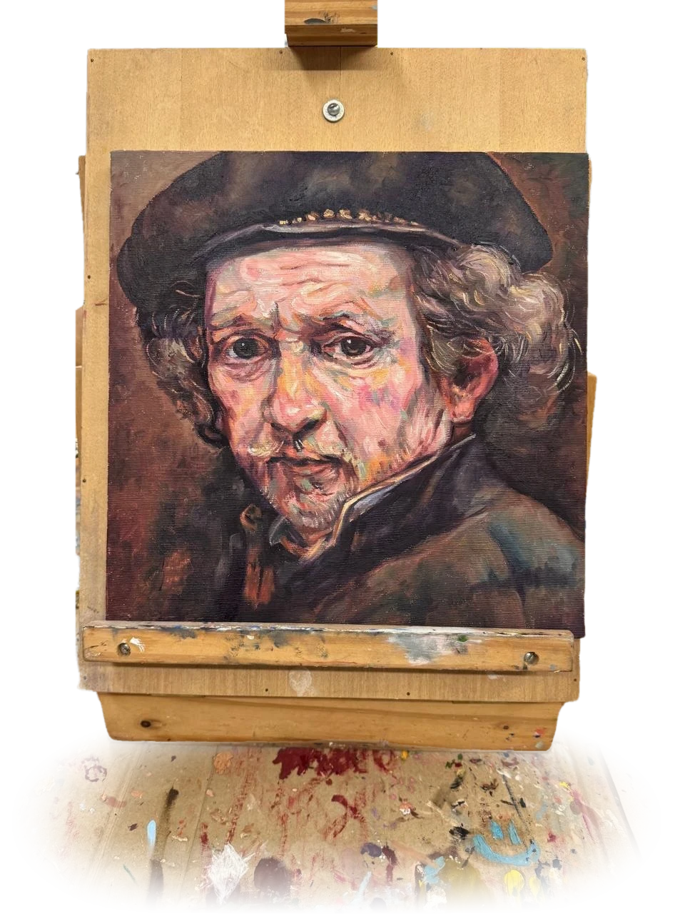 Pintura a óleo num cavalete de madeira, sobre uma mesa respingada de tinta: estudo de um autorretrato de Rembrandt, de boina escura, pintado pela Dra. Leandra.
